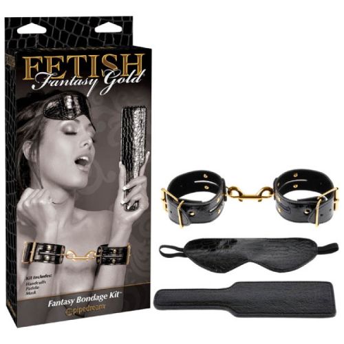 Комплект от златисти белезници, палка и маска за очи от естествена кожа "Fetish Fantasy Gold"