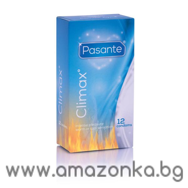 Презервативи Pasante Climax - 12 презерватива6 презерватива с подгряващ лубрикант и 6 с охлаждащ лубрикант.