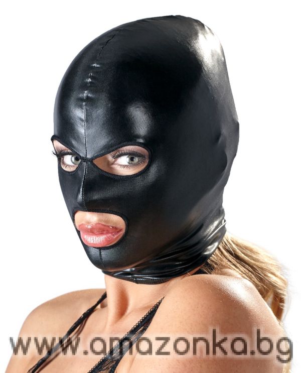 Tight-fitting mask made out of very shiny black wetlook. 