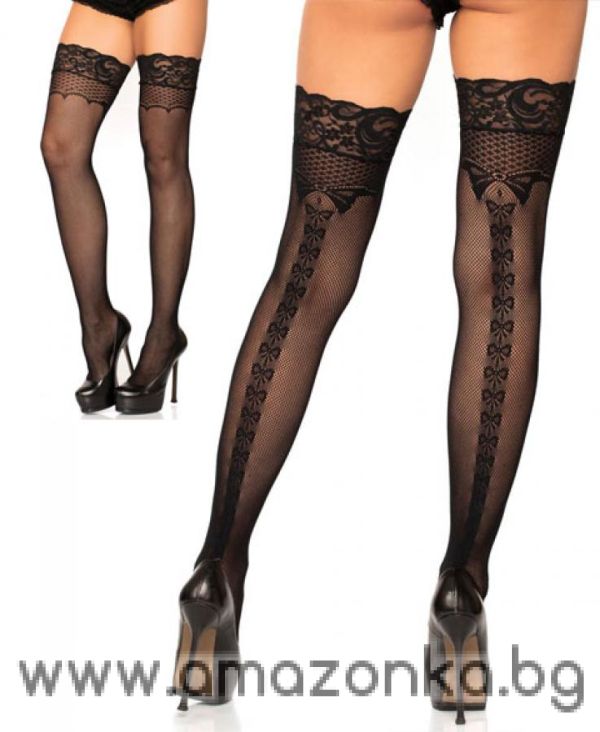 Leg Avenue Stay up lace top micro net thigh highs bow back seam