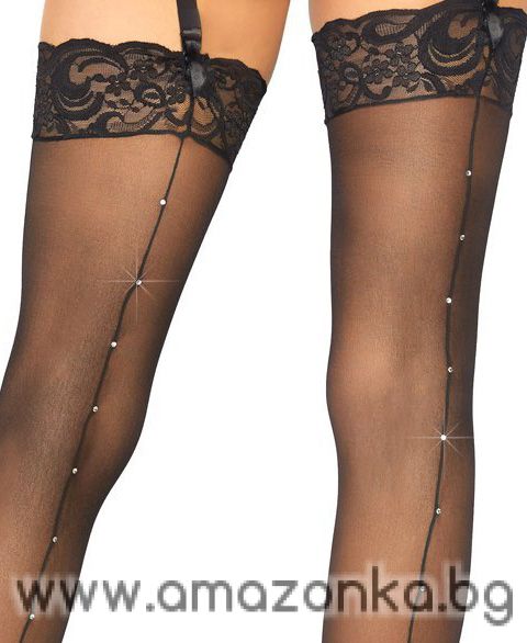 1002 Leg Avenue Sheer lace top stockings with rhinestone backseam bow