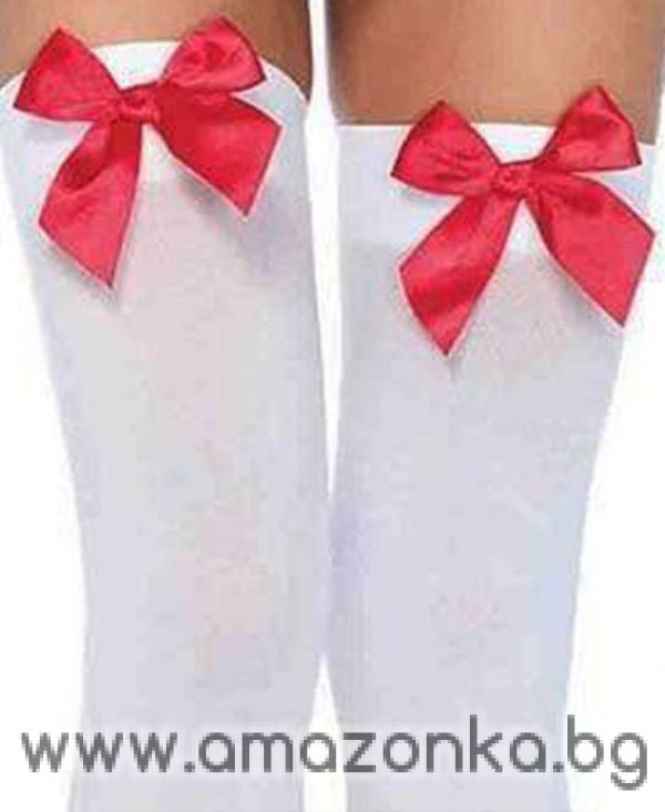 Leg Avenue, Opaque thigh highs with satin bow accent. stockings. WHITE/RED 