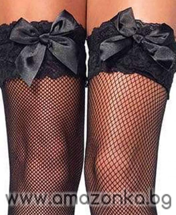 Leg Avenue, Spandex fishnet thigh highs lace top and satin bow BLACK
