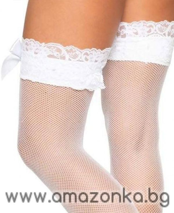 Leg Avenue, Spandex fishnet thigh highs lace top and satin bow.WHITE 