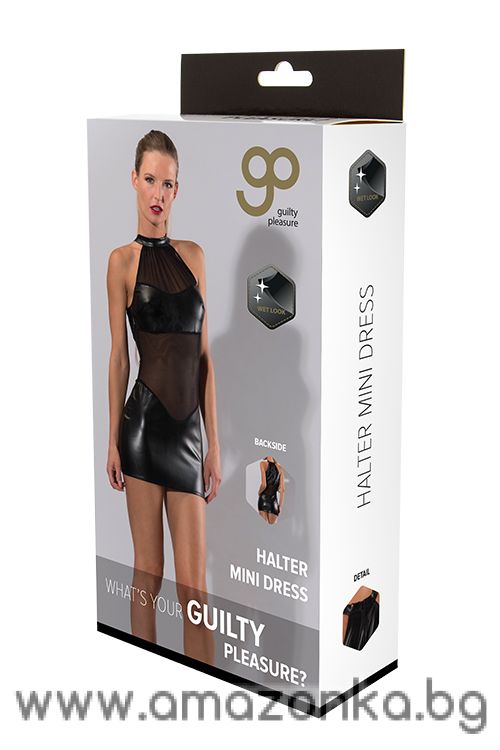 GP WETLOOK HALTER MINI DRESS BLACK-size;M
