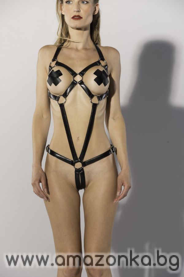 GP STRAPPED BODYSUIT WITH O-RINGS BLACK, S/M