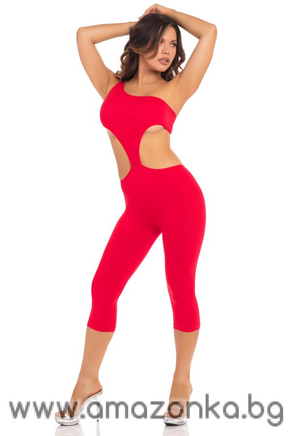 ONE SHOULDER CROPPED CATSUIT RED, M/L