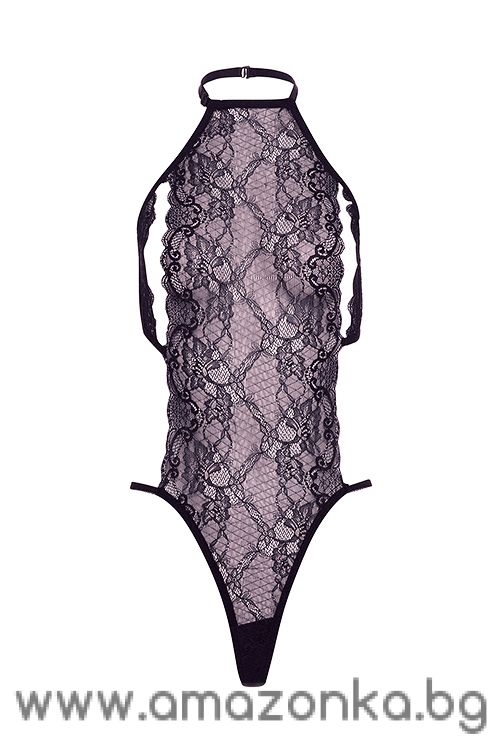 BARELY BARE PEEK A BOO LACE TEDDY BLACK, OS