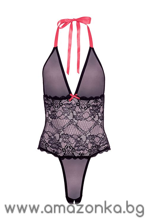 BARELY BARE V PLUNGE LACE & MESH TEDDY, OS