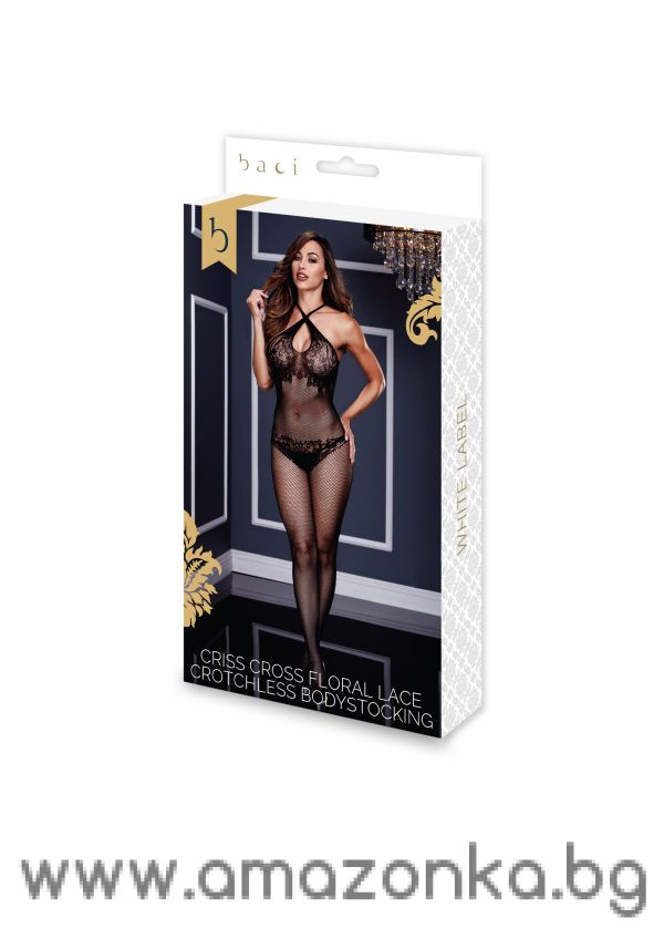 CRISS CROSS FLORAL LACE BODYSTOCKING, OS