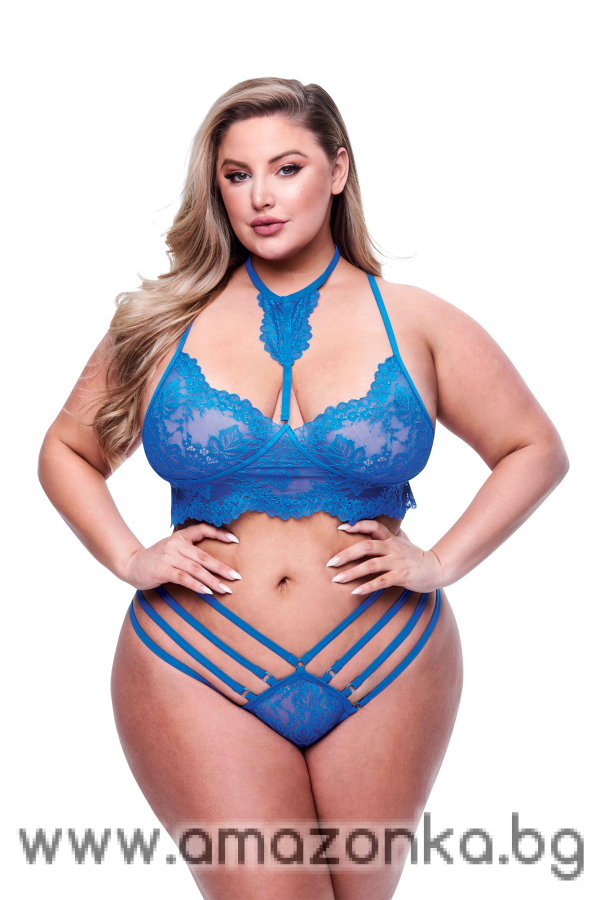 2PC STRAPPY LACE BRA & PANTY SET BLUE, QUEEN