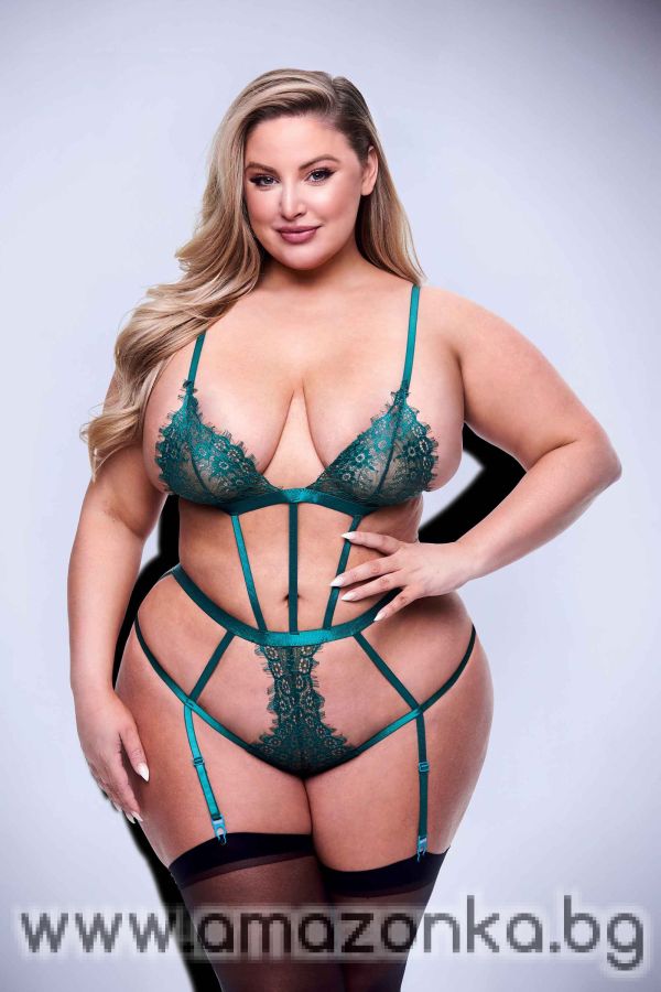 SEXY STRAPPY LACE TEDDY WITH GARTERS GREEN, QUEEN