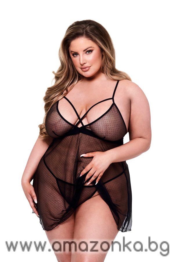 BACI 2PC STRAPPY LACE & MESH BABYDOLL & G-STRING SET BLACK, QUEEN