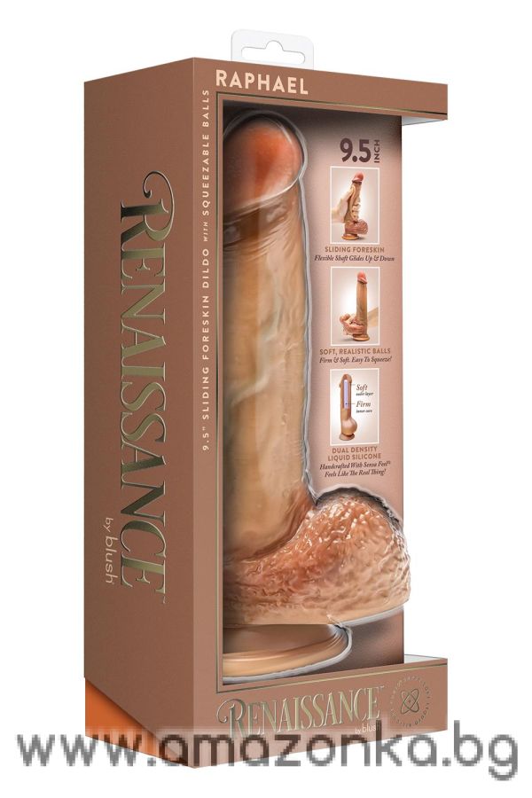 Raphael 9.5 Inch Sliding Foreskin Dildo with Squeezable Balls Tan