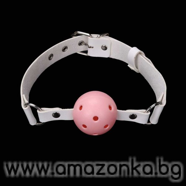 Розова силиконова топка за уста4,5см с 3 отвора и бяла каишка
