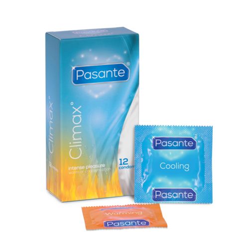 Презервативи Pasante Climax - 12 презерватива6 презерватива с подгряващ лубрикант и 6 с охлаждащ лубрикант.