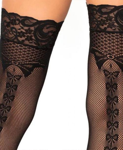 Leg Avenue Stay up lace top micro net thigh highs bow back seam
