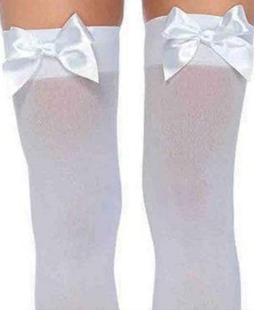 Leg Avenue Opaque Thigh Highs With Satin Bow Accent Stockings White