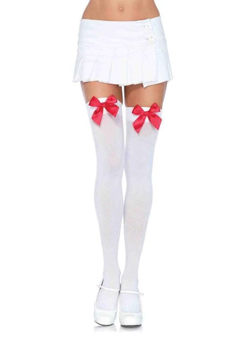 Leg Avenue, Opaque thigh highs with satin bow accent. stockings. WHITE/RED 