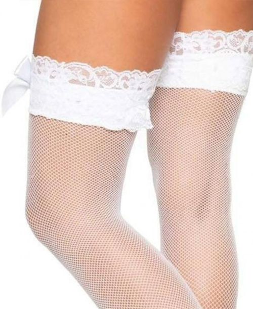 Leg Avenue, Spandex fishnet thigh highs lace top and satin bow.WHITE 