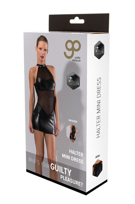 GP WETLOOK HALTER MINI DRESS BLACK-size;M