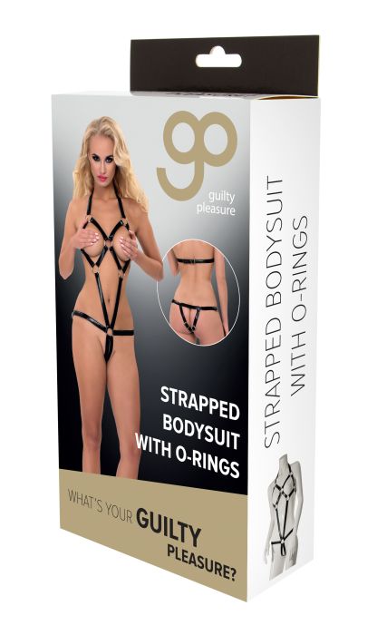GP STRAPPED BODYSUIT WITH O-RINGS BLACK, S/M