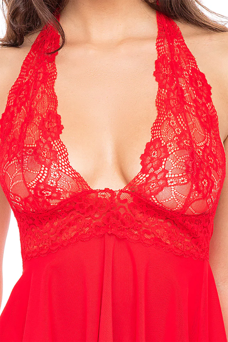 2PC LACE & MESH HALTER BABYDOLL & G-STRING SET RED, S