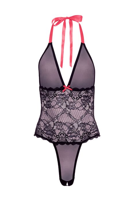 BARELY BARE V PLUNGE LACE & MESH TEDDY, OS