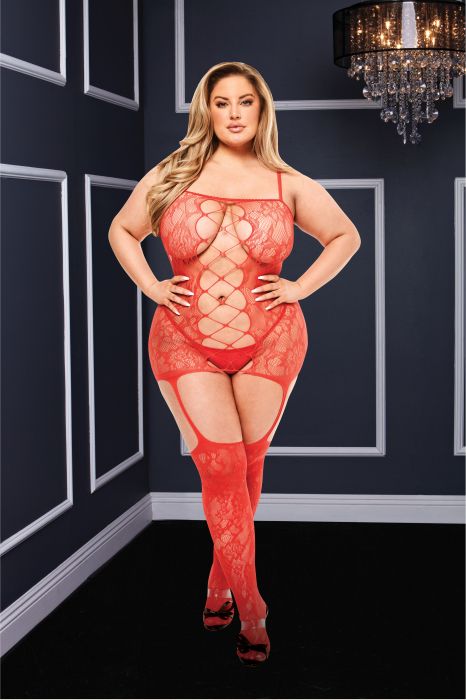 BACI CORSET FRONT SUSPENDER LACE BODYSTOCKING RED, QUEEN