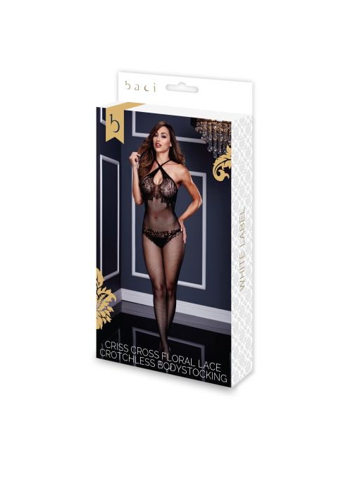 CRISS CROSS FLORAL LACE BODYSTOCKING, OS