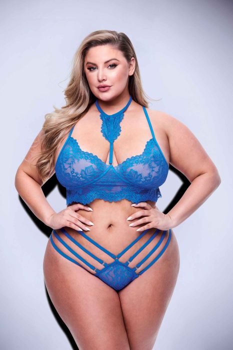 2PC STRAPPY LACE BRA & PANTY SET BLUE, QUEEN