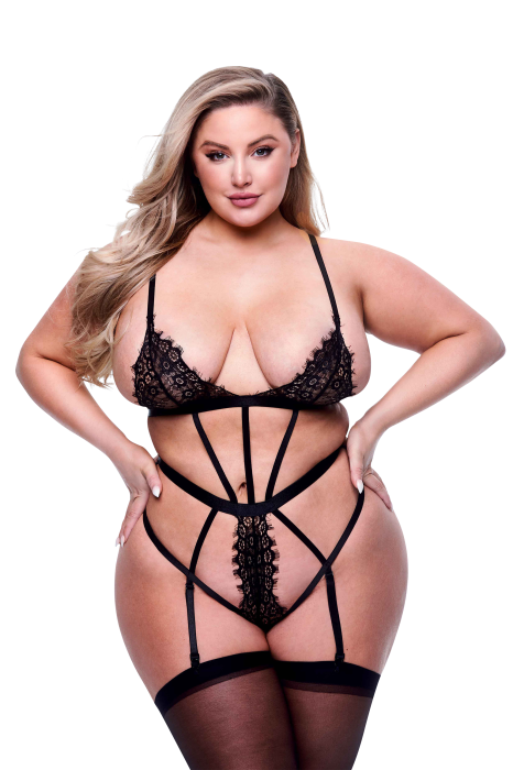 SEXY STRAPPY LACE TEDDY WITH GARTERS BLACK, QUEEN