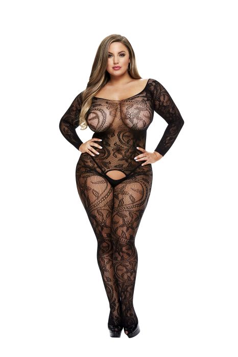 BACI LONGSLEEVE CROTCHLESS BODYSTOCKING BLACK, QUEEN 