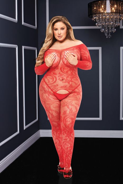 BACI LONGSLEEVE CROTCHLESS BODYSTOCKING RED, QUEEN