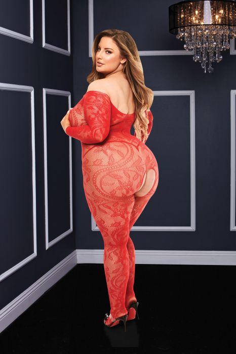 BACI LONGSLEEVE CROTCHLESS BODYSTOCKING RED, QUEEN