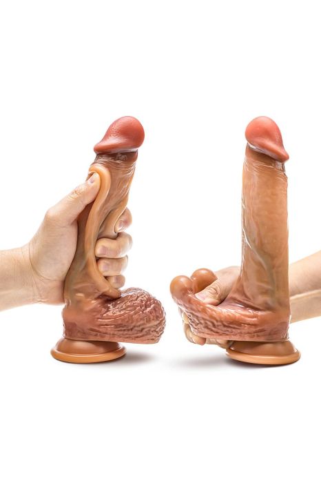 Raphael 9.5 Inch Sliding Foreskin Dildo with Squeezable Balls Tan