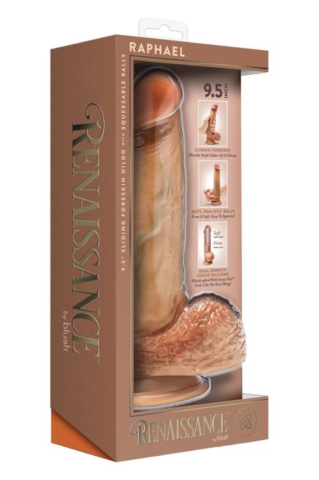 Raphael 9.5 Inch Sliding Foreskin Dildo with Squeezable Balls Tan